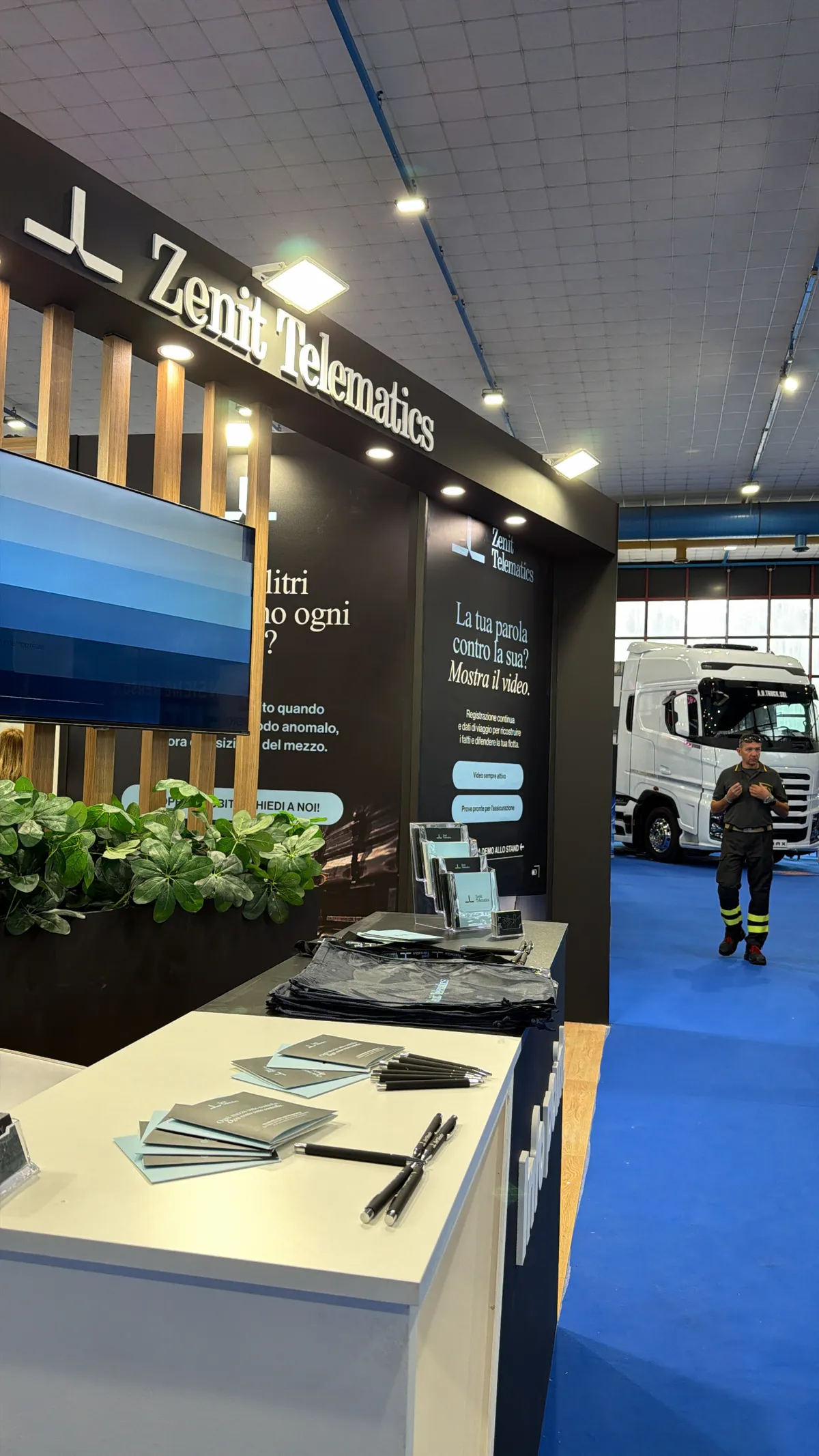 The Zenit stand counter with brochures and pens, and the panel on onboard video recording to protect the fleet