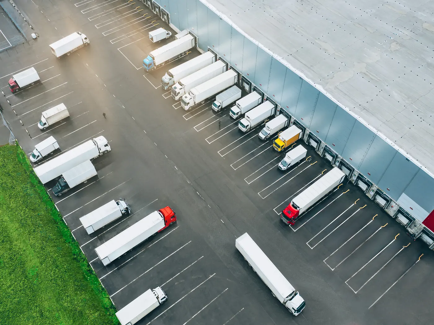 Semirimorchi alle baie di carico di un magazzino logistico